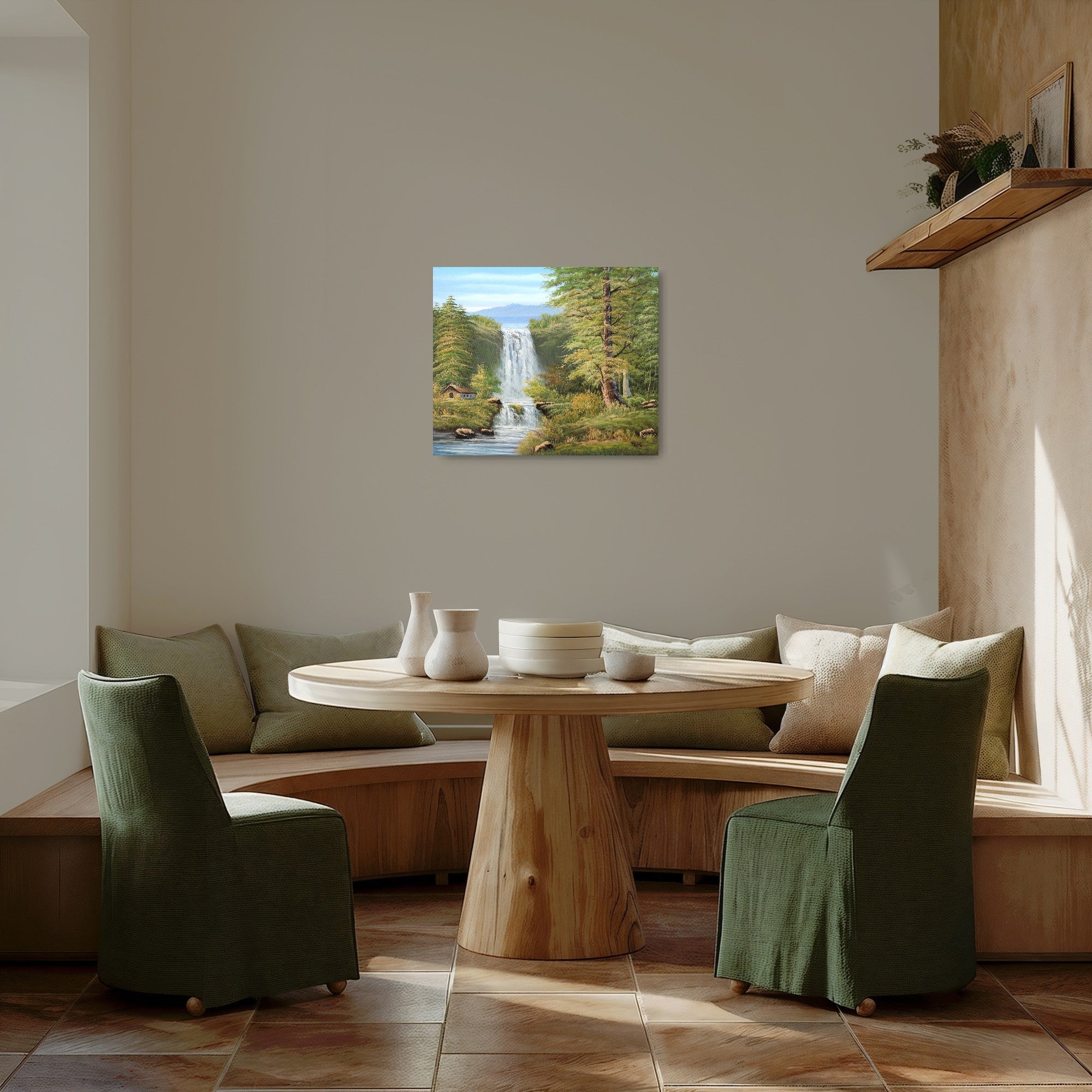 Original artwork by Tobias Nolte titled “Twin Falls”. A hand-painted oil painting (60x50 cm) featuring two cascading waterfalls in a lush forest scene with mountains, tall green trees, and a small wooden cabin by the riverbank, displayed in a modern, wooden kitchen.