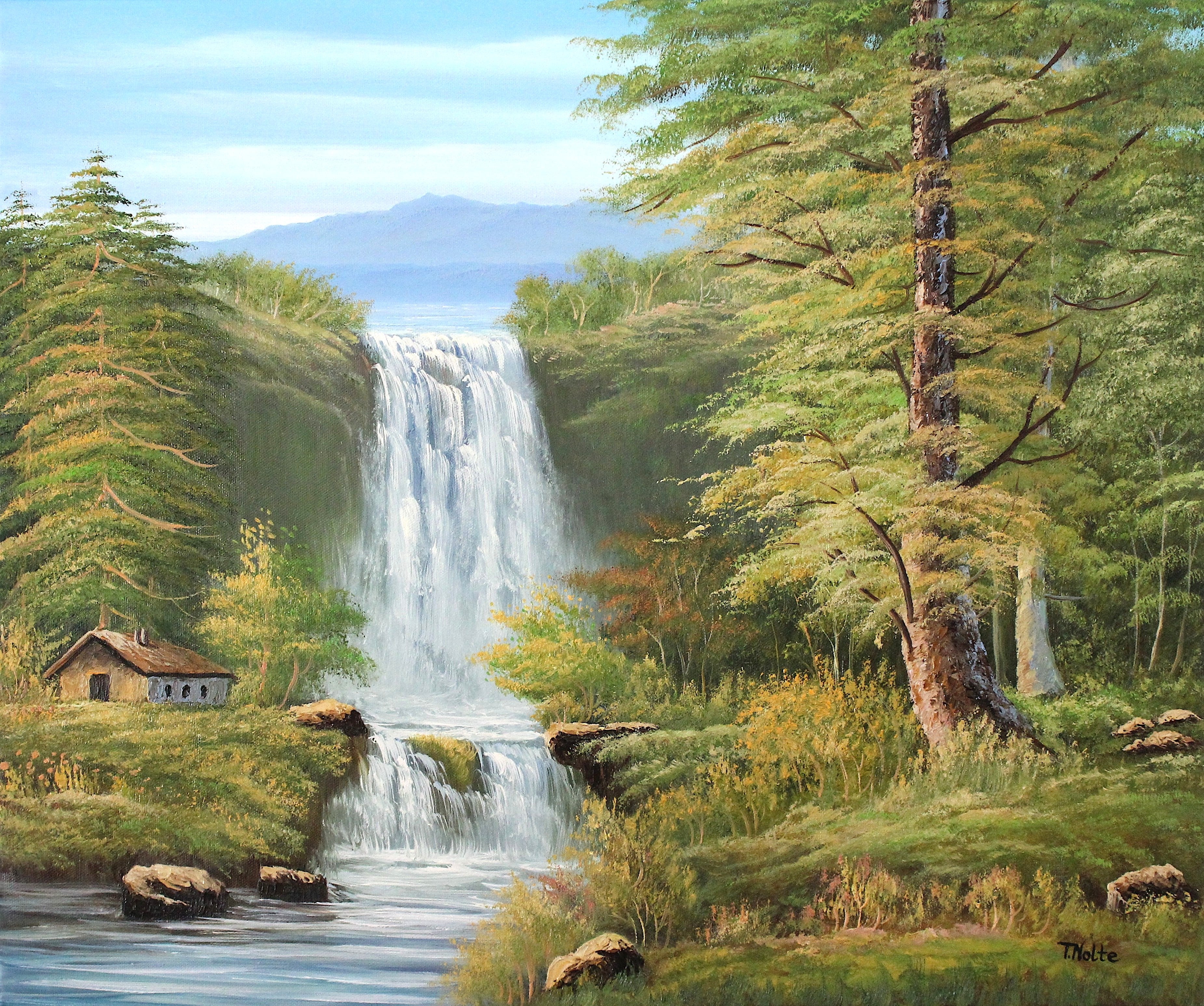 Original artwork by Tobias Nolte titled “Twin Falls”. A hand-painted oil painting (60x50 cm) featuring two cascading waterfalls in a lush forest scene with mountains, tall green trees, and a small wooden cabin by the riverbank.