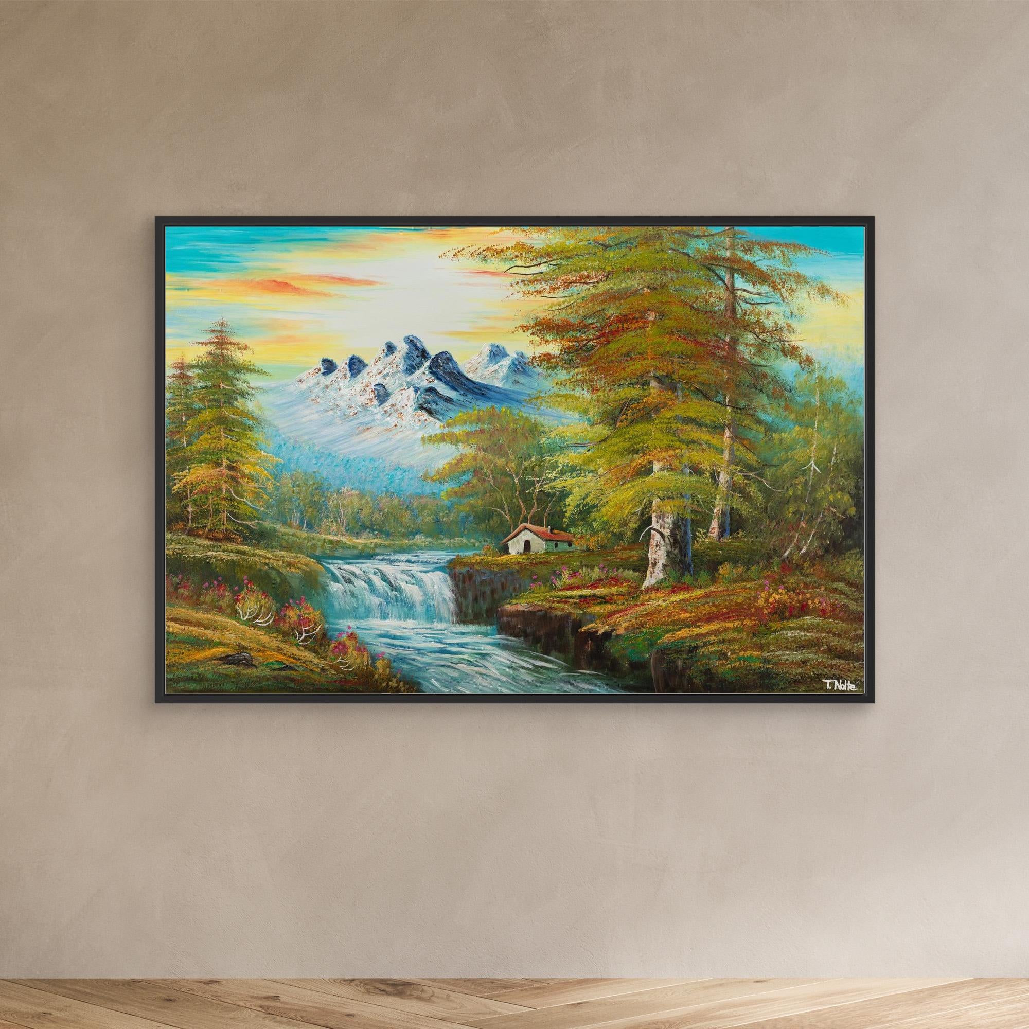 Premium canvas art print showing a calm forest landscape with mountains, a cottage next to a river with some waterfalls and lots of trees and bushes on the shore, printed on high-quality canvas with vibrant colors.