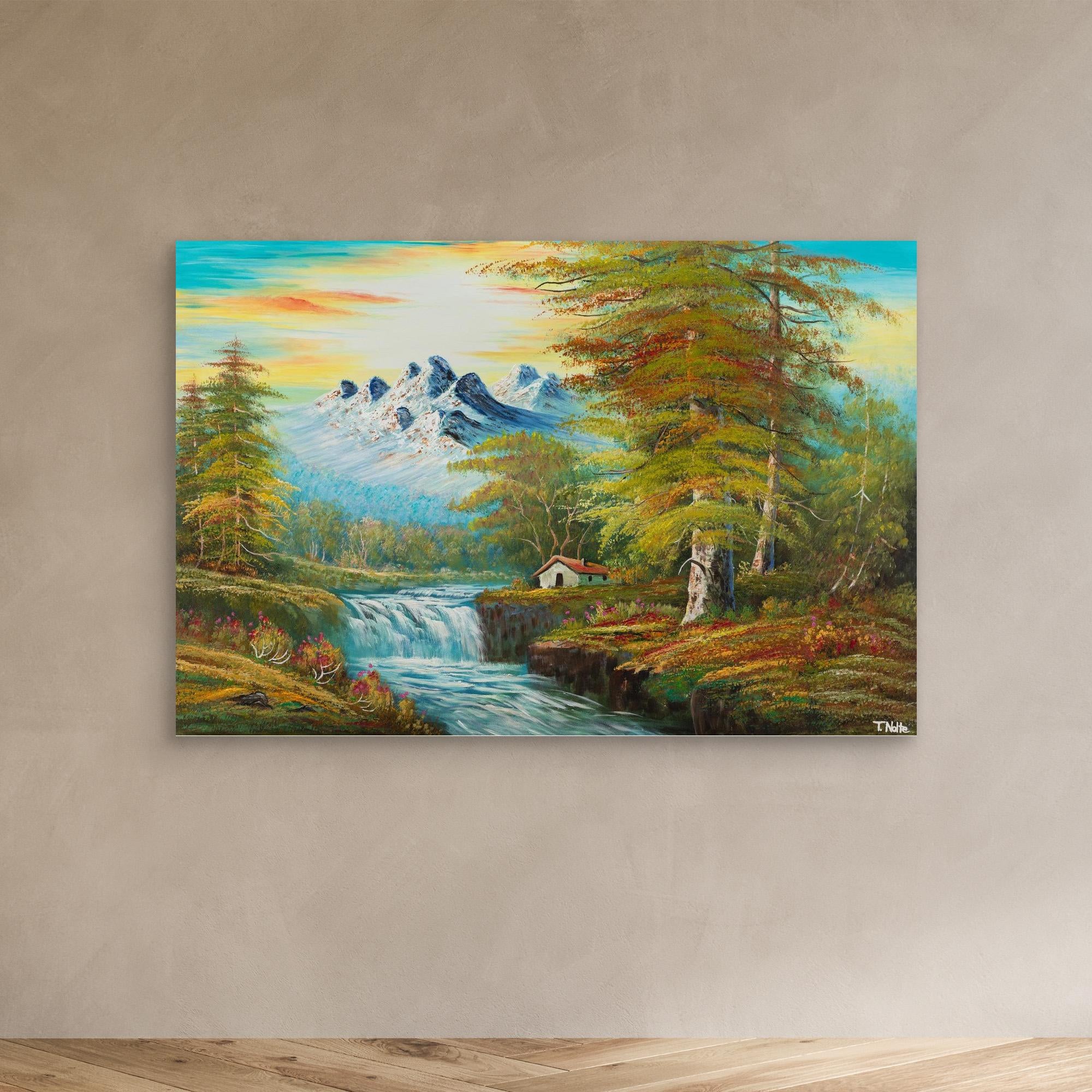 Premium canvas art print showing a calm forest landscape with mountains, a cottage next to a river with some waterfalls and lots of olive green trees and bushes on the shore, printed on high-quality canvas with vibrant colors.