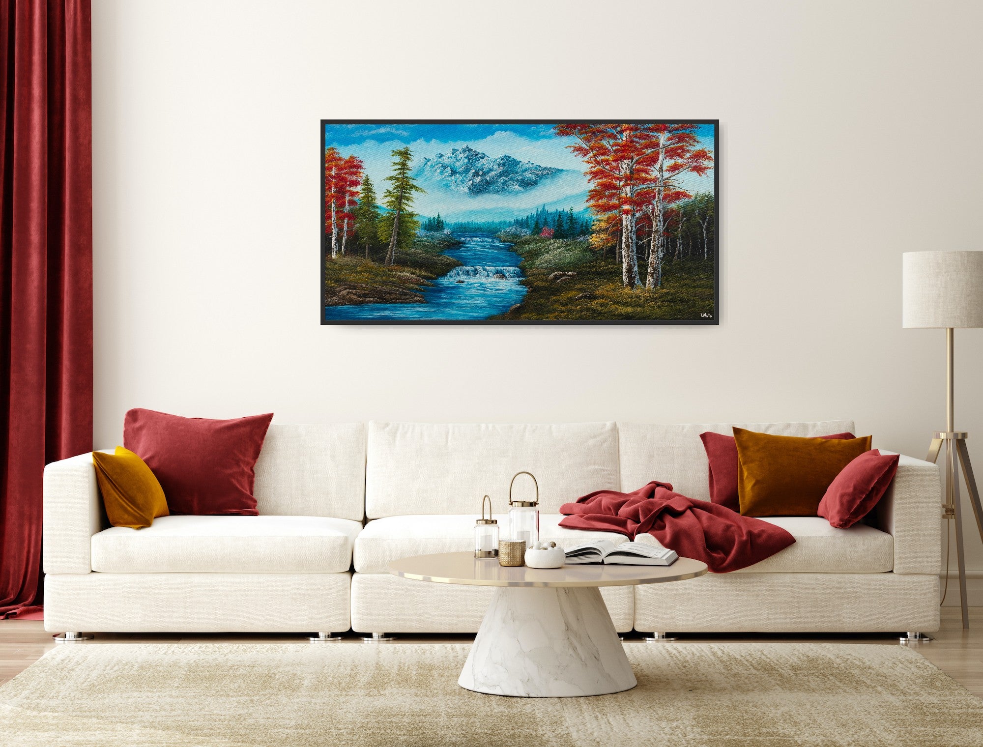 Premium canvas art print showing big mountains and an extensive forest landscape with red trees and a small river with a waterfall, printed on high-quality canvas with vibrant colors, displayed in a modern living room.