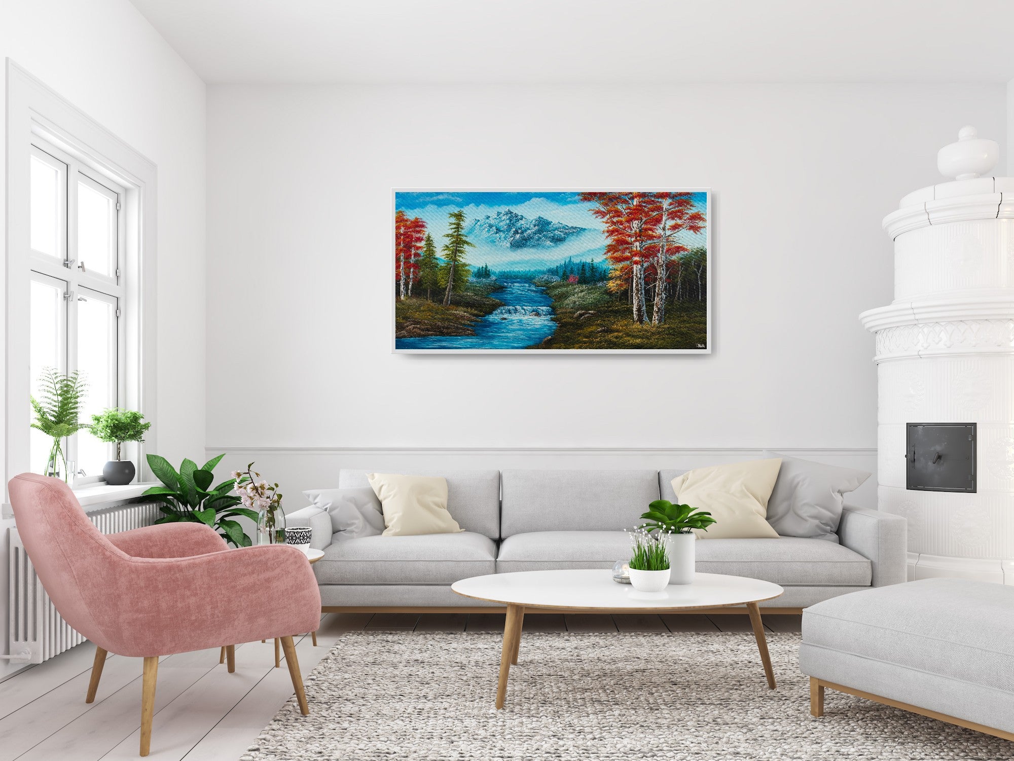Premium canvas art print showing big mountains and an extensive forest landscape with red trees and a small river with a waterfall, printed on high-quality canvas with vibrant colors, displayed in a bright living room.