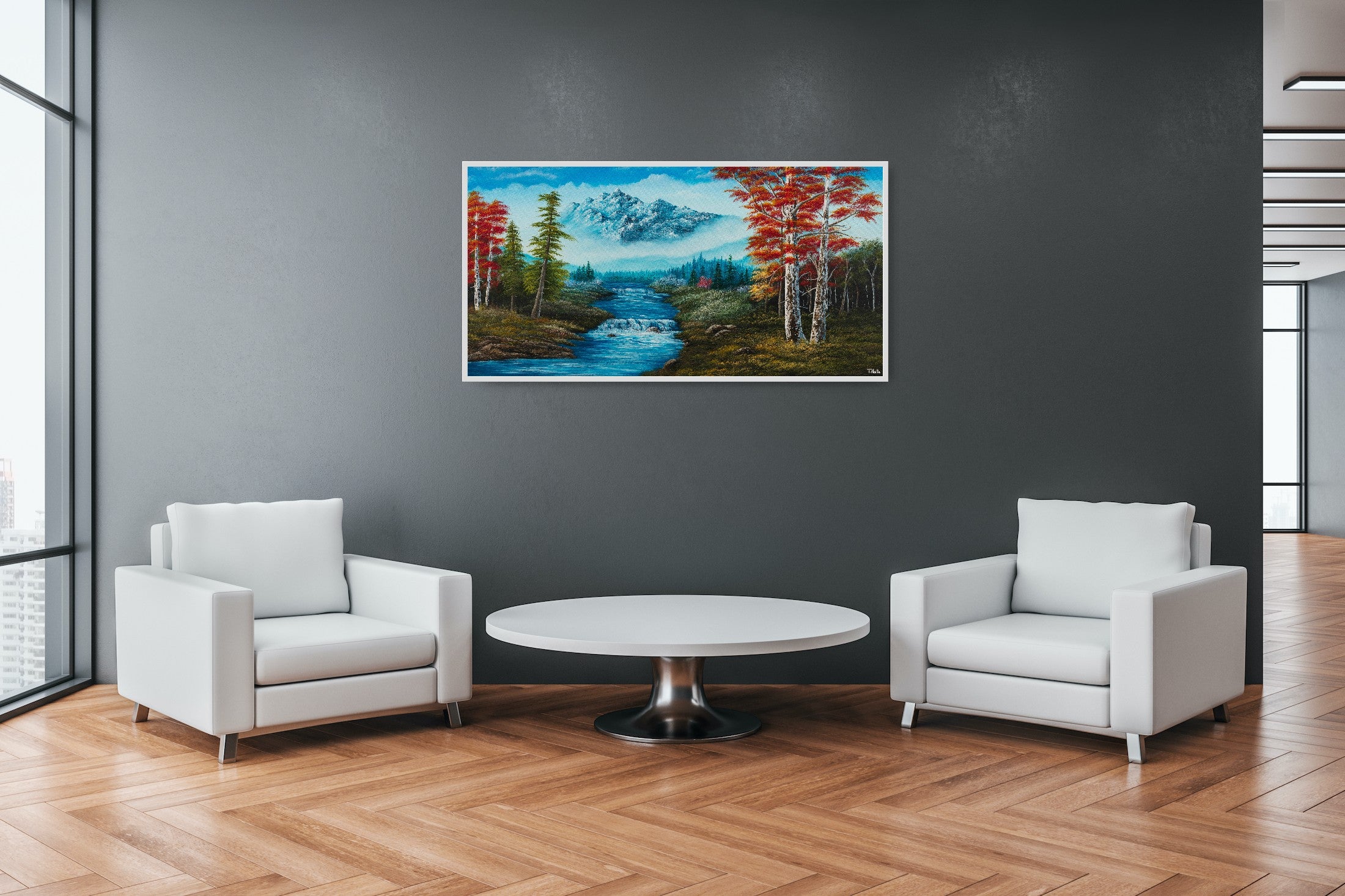 Premium canvas art print showing big mountains and an extensive forest landscape with red trees and a small river with a waterfall, printed on high-quality canvas with vibrant colors, displayed in a modern office room.