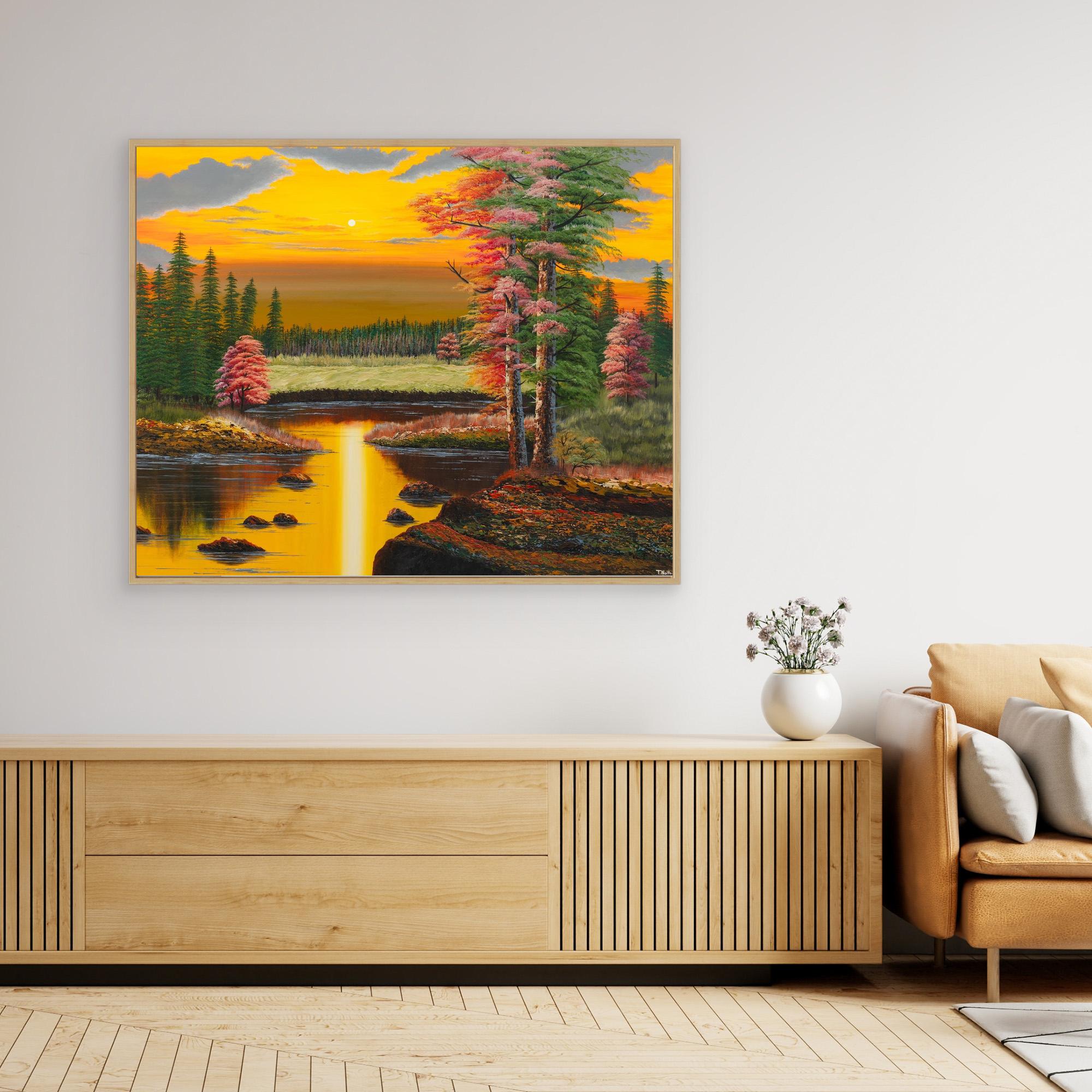 Premium canvas art print showing a warm autumn forest landscape in the yellowish light of a sunset, a big lake and lots of green and red trees, printed on high-quality canvas with vibrant colors, hanging on the wall in a modern living room.