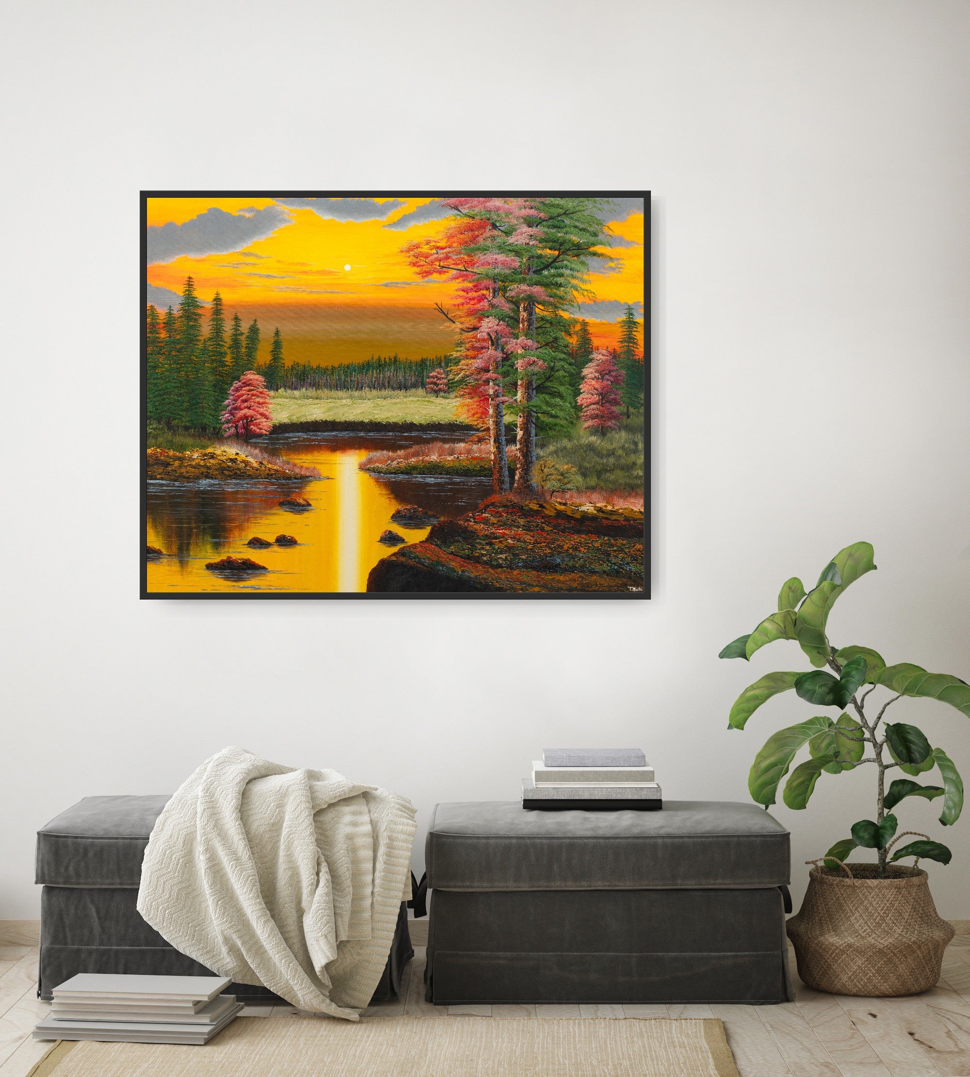 Premium canvas art print showing a warm autumn forest landscape in the yellowish light of a sunset, a big lake and lots of green and red trees, printed on high-quality canvas with vibrant colors, hanging on the wall in a modern living room.