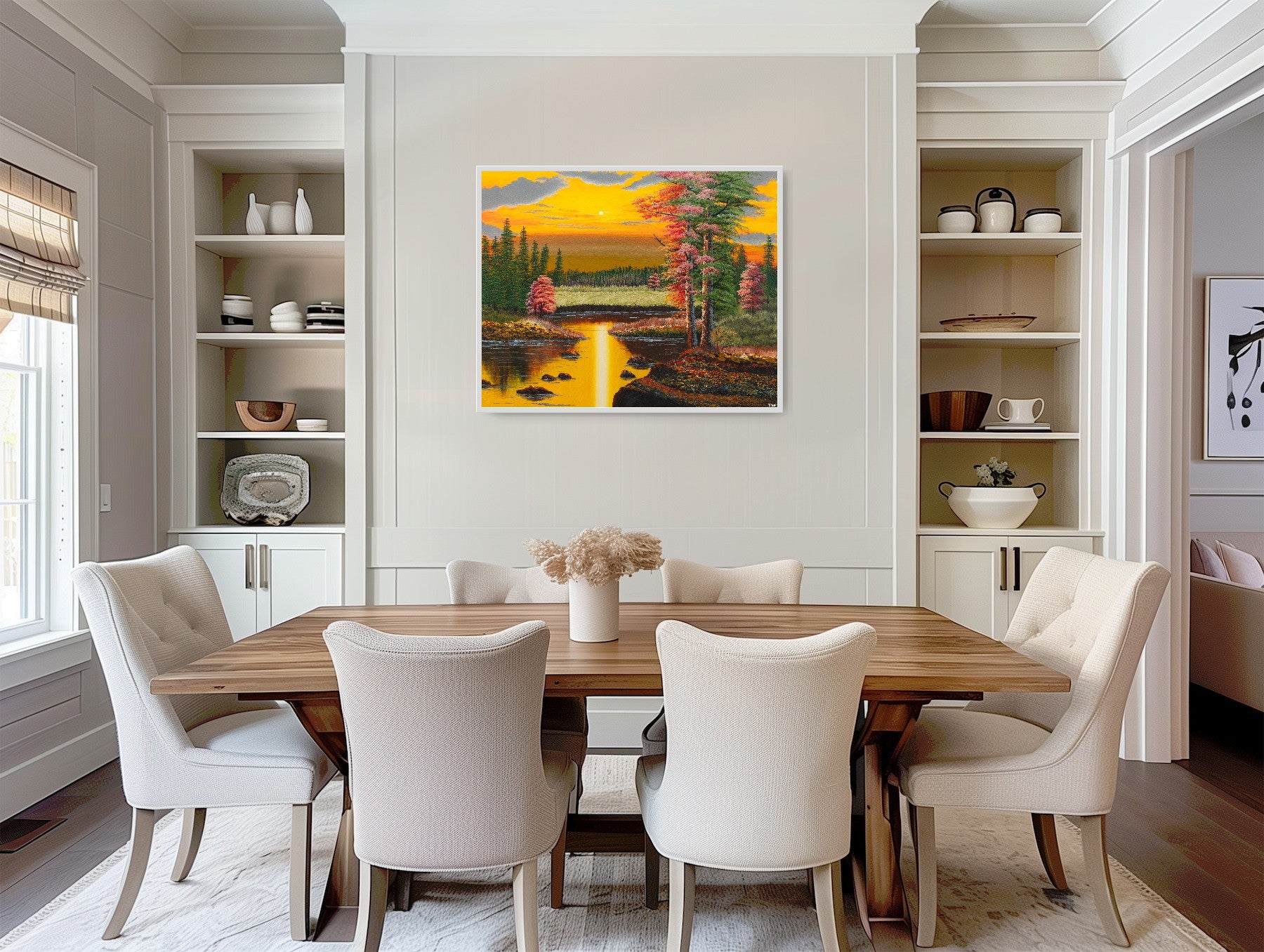 Premium canvas art print showing a warm autumn forest landscape in the yellowish light of a sunset, a big lake and lots of green and red trees, printed on high-quality canvas with vibrant colors, hanging on the wall in an old living room.