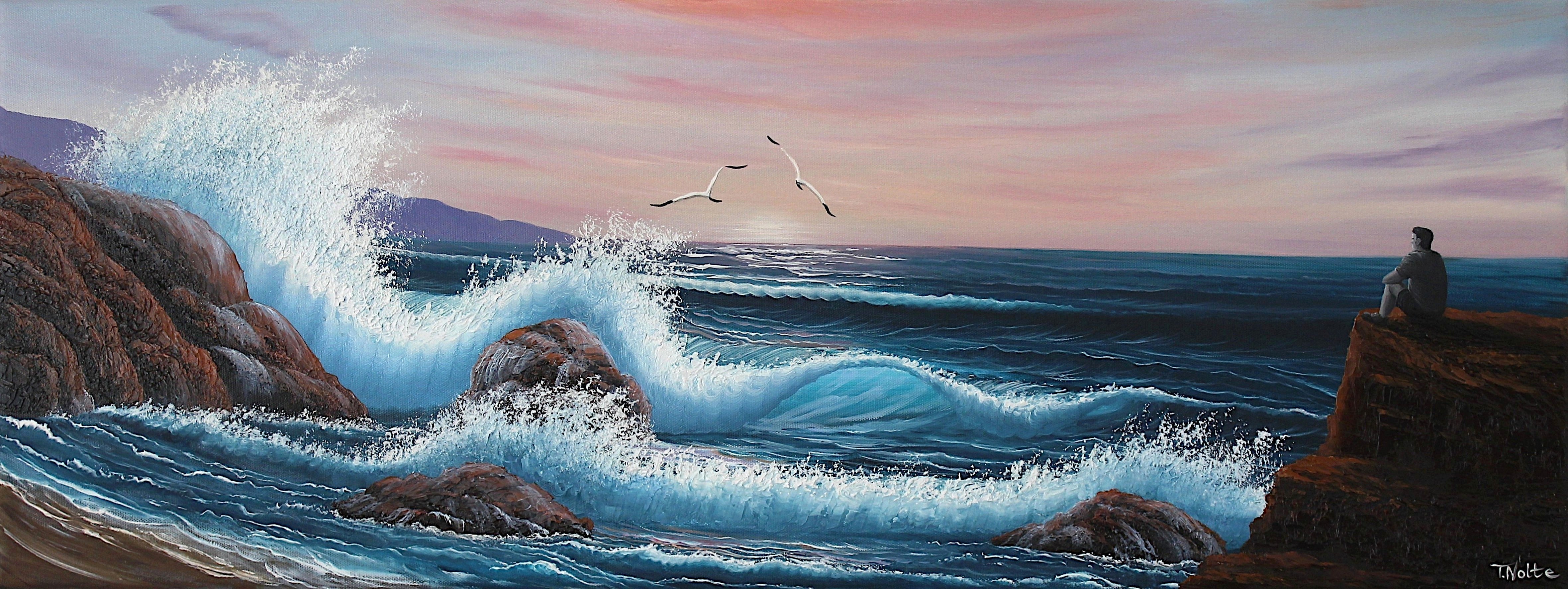 Oil painting on canvas showing a dramatic seascape with large blue waves crashing against rocky cliffs at sunset. Pink and purple clouds fill the sky. A grey person sits on a rock, gazing out at the ocean.