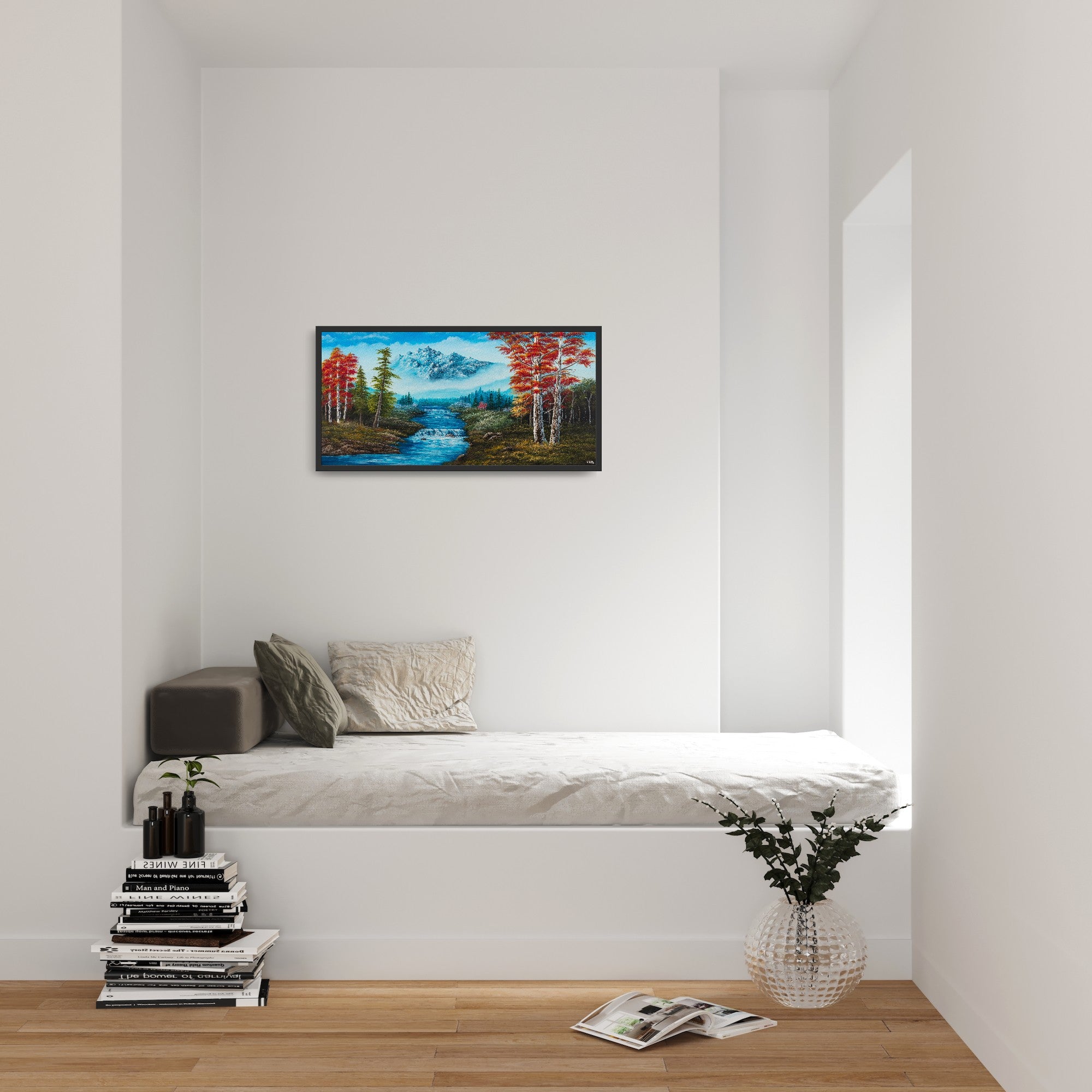 Original artwork by Tobias Nolte titled “Forest Fantasy”. A hand-painted acrylic painting (80x40 cm) featuring a romantic landscape with red leaf trees, many fir trees, a big bluish mountain, and a waterfall, displayed in a small bedroom.