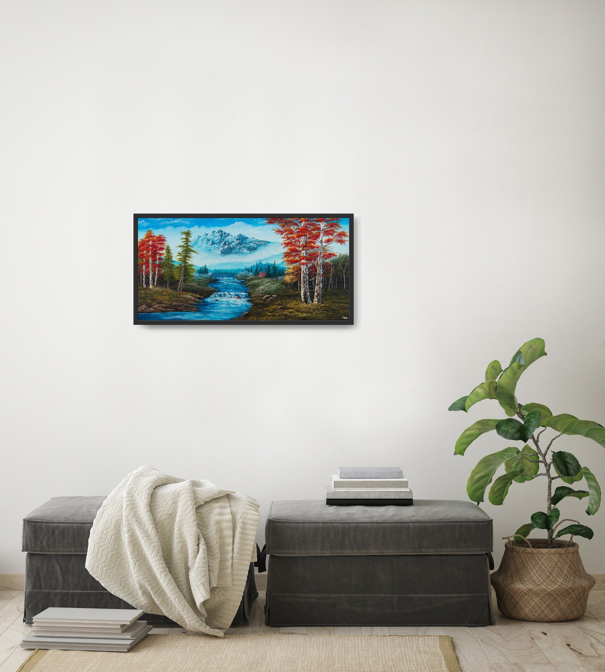 Original artwork by Tobias Nolte titled “Forest Fantasy”. A hand-painted acrylic painting (80x40 cm) featuring a romantic landscape with red leaf trees, many fir trees, a big bluish mountain, and a waterfall, displayed in a living room.
