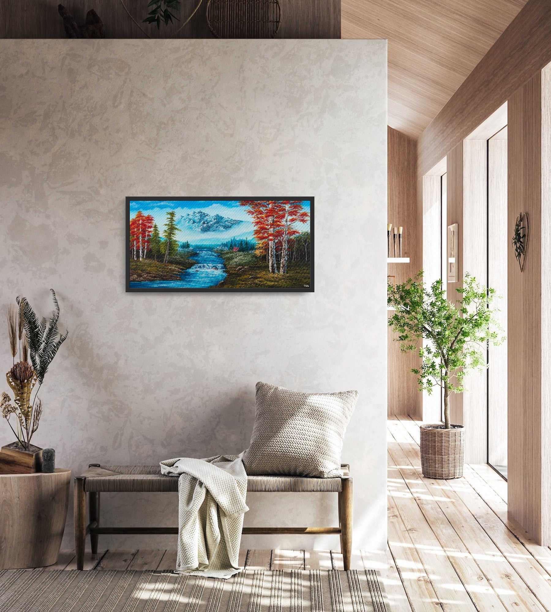 Original artwork by Tobias Nolte titled “Forest Fantasy”. A hand-painted acrylic painting (80x40 cm) featuring a romantic landscape with red leaf trees, many fir trees, a big bluish mountain, and a waterfall, displayed in a modern interior setting.