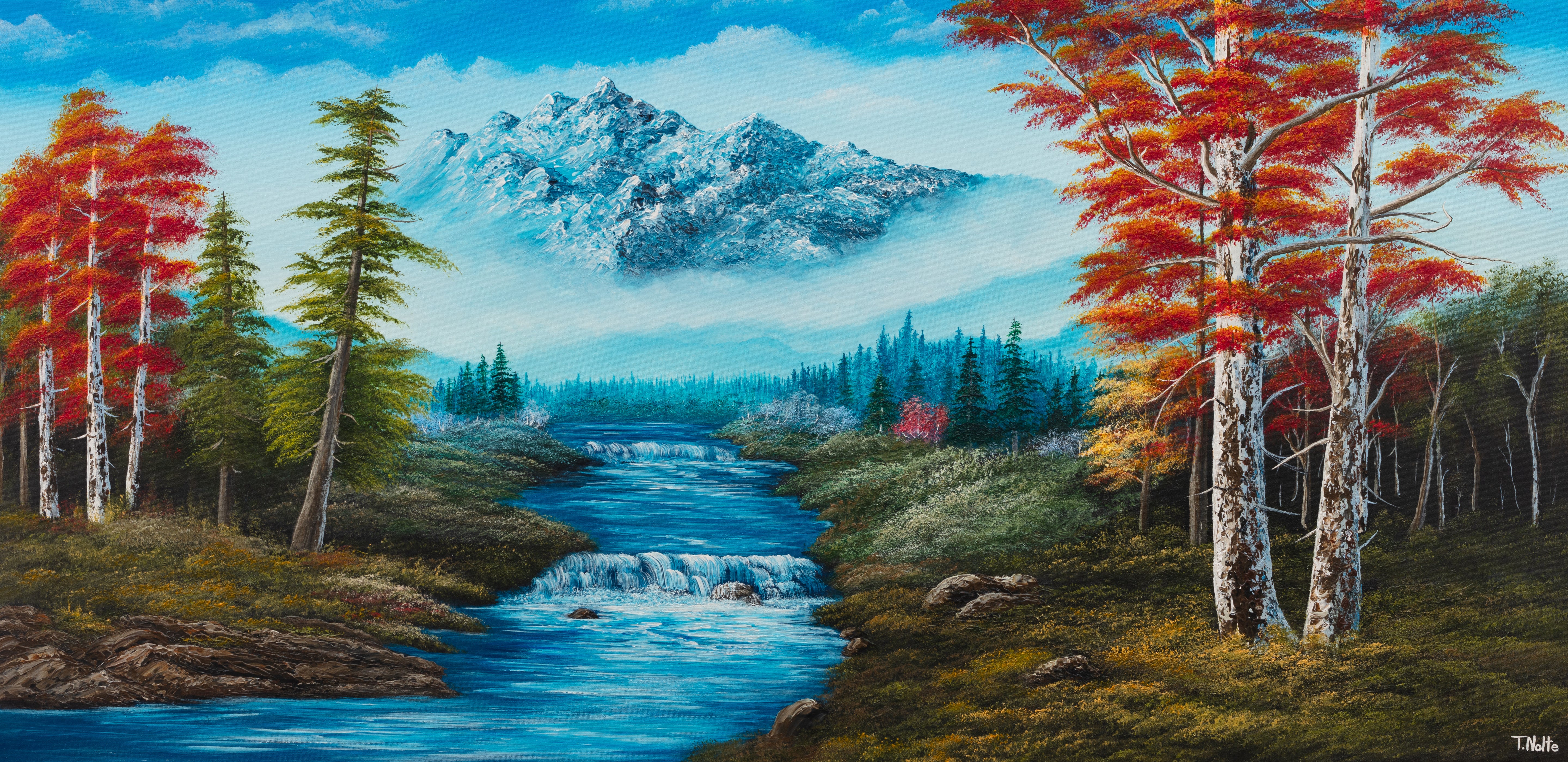 Original artwork by Tobias Nolte titled “Forest Fantasy”. A hand-painted, framed acrylic painting (80x40 cm) featuring a romantic landscape with red leaf trees, many fir trees, a big bluish mountain, and a waterfall, perfect for decoration in any room.