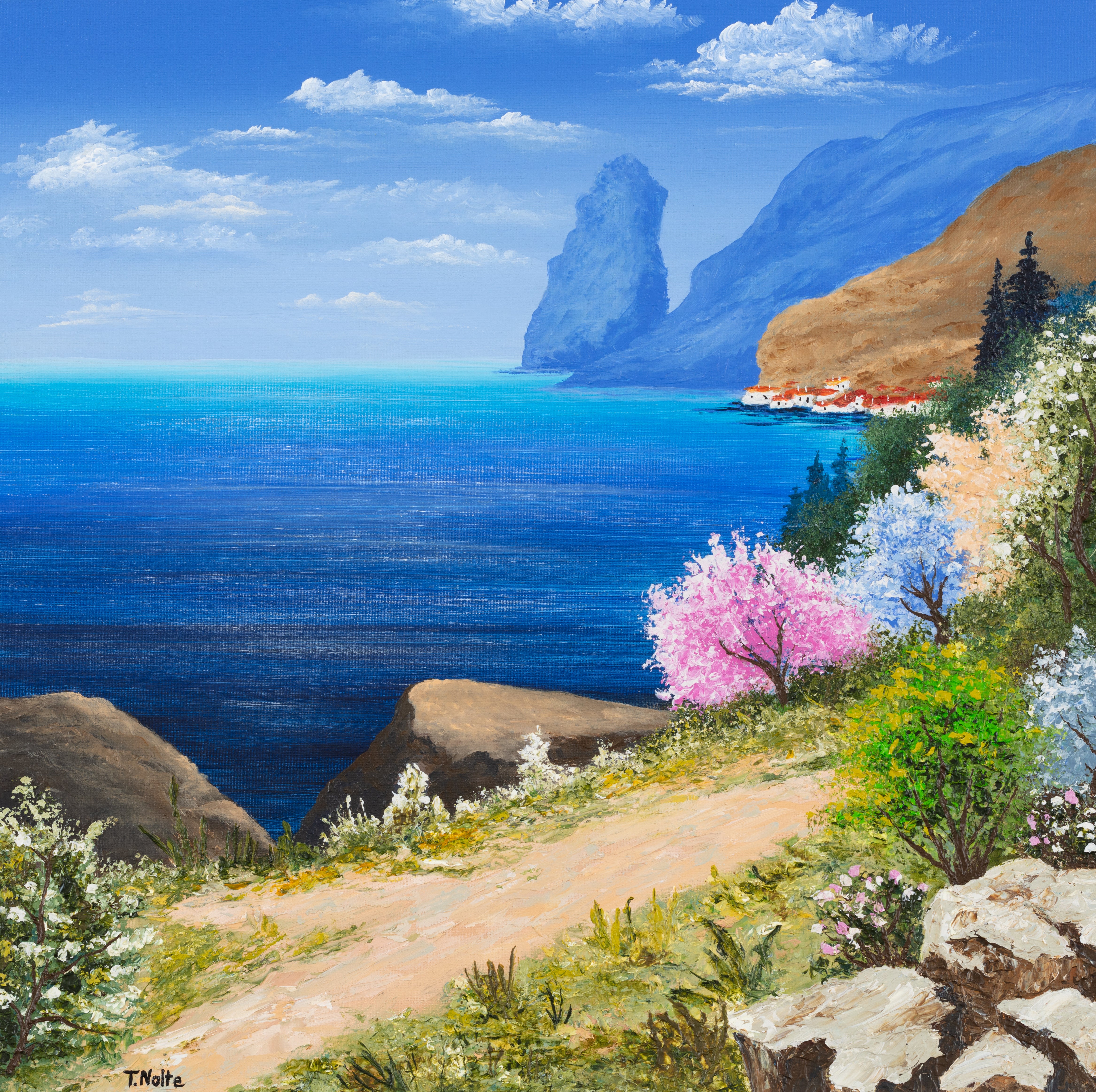 Original artwork by Tobias Nolte titled “Sea View”. A framed, hand-painted oil painting (30x30 cm) featuring a blue sea panorama along a hiking trail, next to colorful trees and rocks, perfect for ocean art lovers.