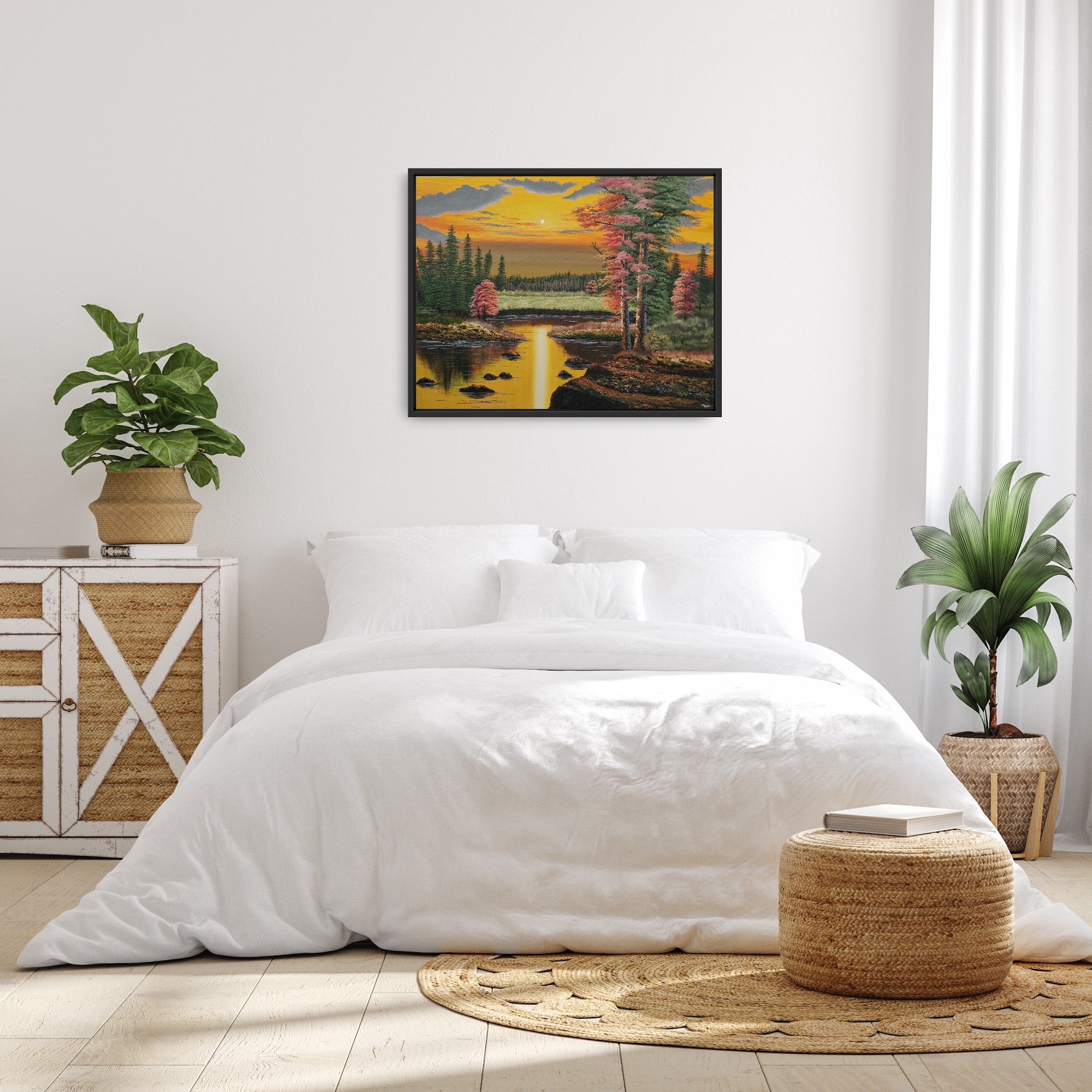 Original artwork by Tobias Nolte titled “Warm Autumn Forest”. A hand-painted acrylic painting (90x70 cm) featuring a colorful yellow sunset with red and green trees around a forest lake, displayed in a bedroom.