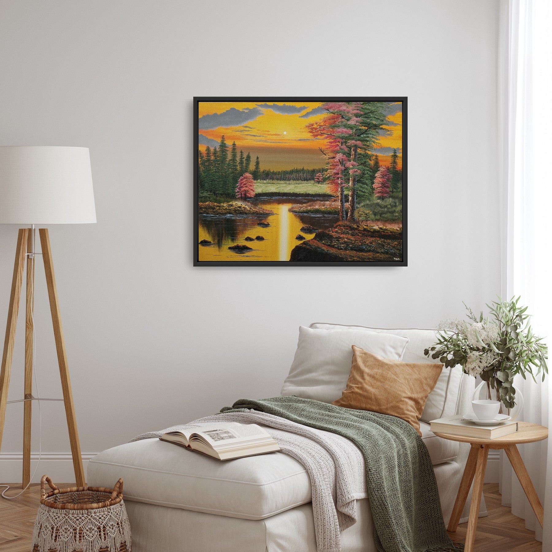 Original artwork by Tobias Nolte titled “Warm Autumn Forest”. A hand-painted acrylic painting (90x70 cm) featuring a colorful yellow sunset with red and green trees around a forest lake, displayed in a modern living room.