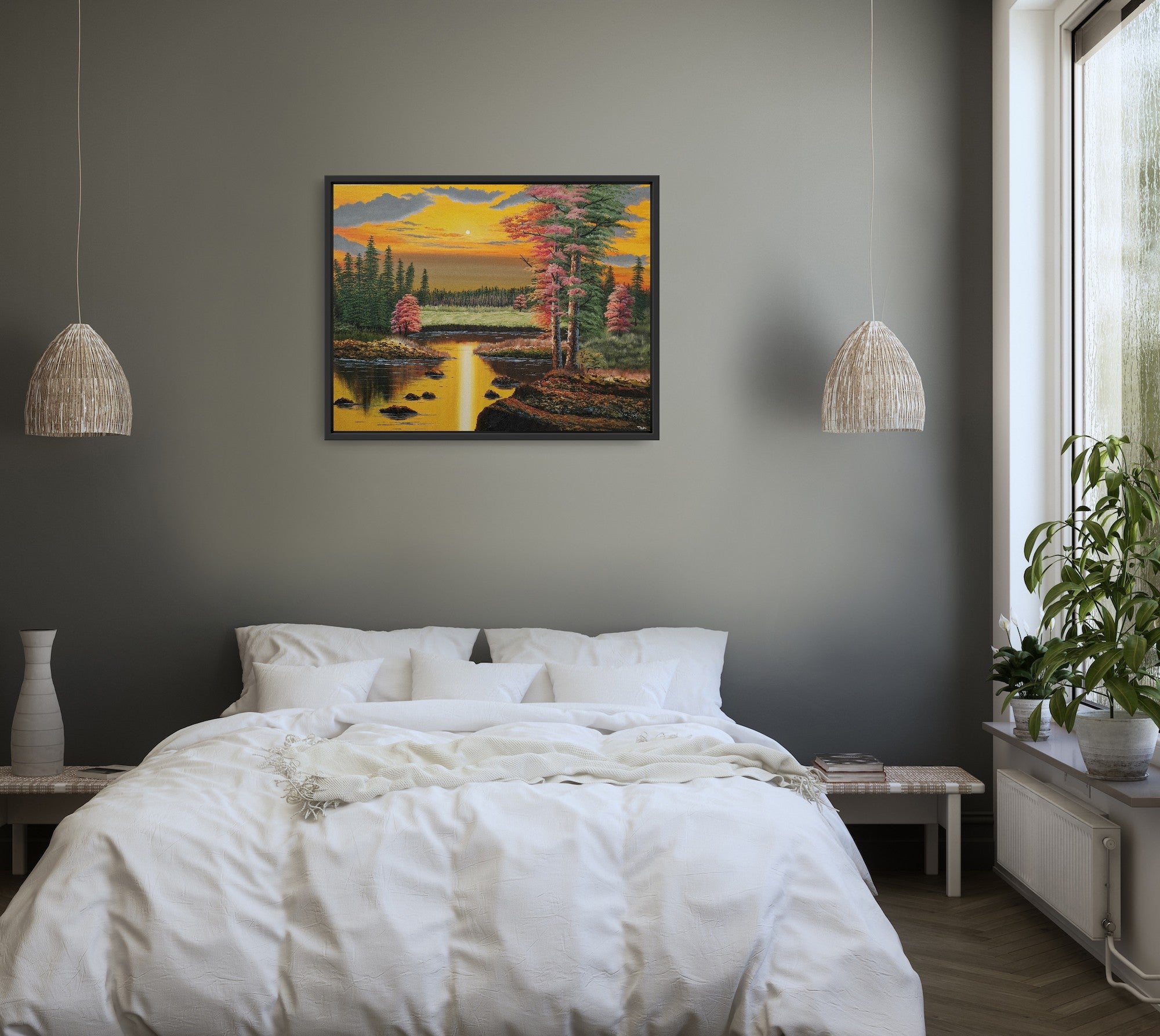 Original artwork by Tobias Nolte titled “Warm Autumn Forest”. A hand-painted acrylic painting (90x70 cm) featuring a colorful yellow sunset with red and green trees around a forest lake, displayed in a bedroom.