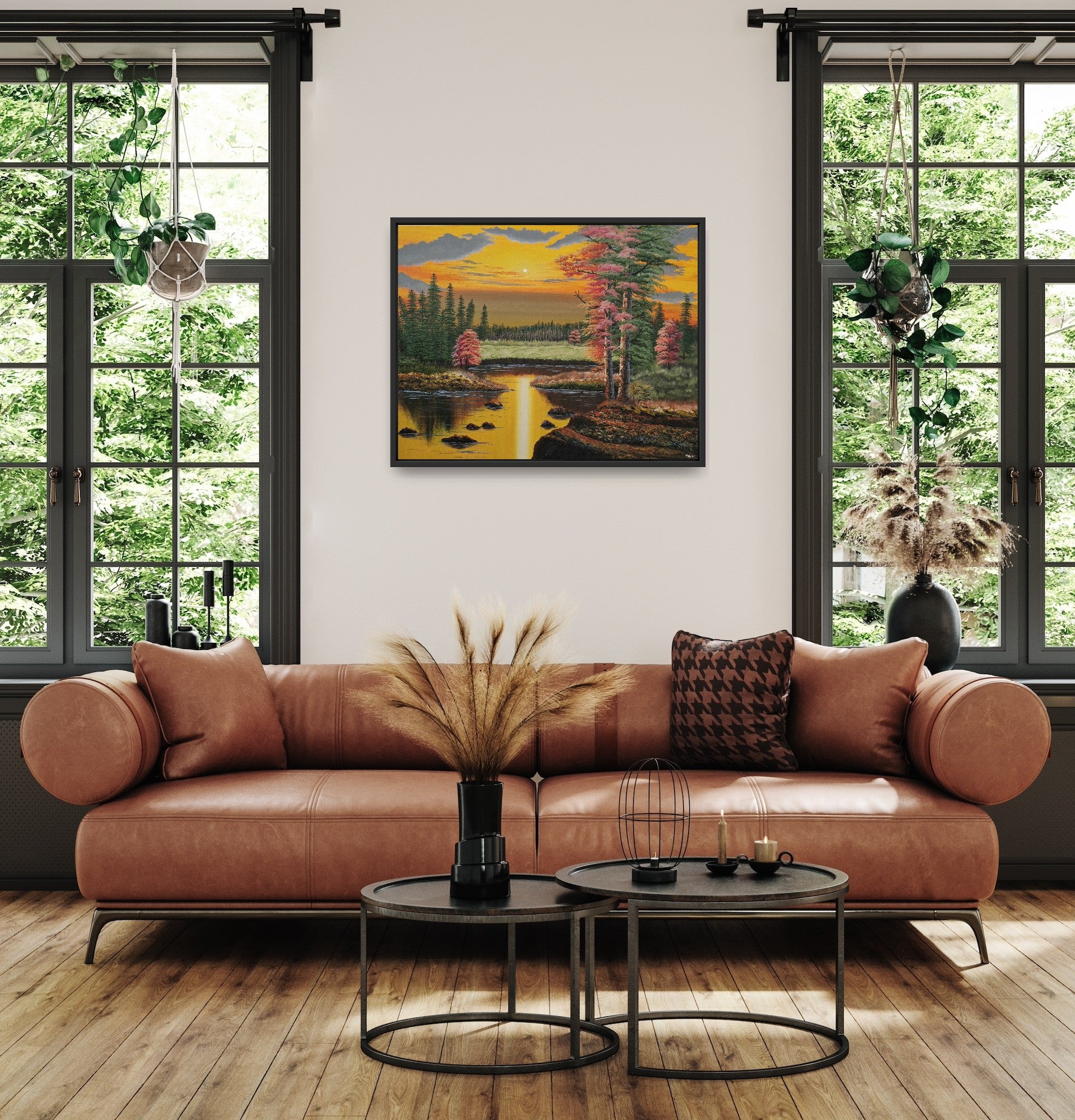 Original artwork by Tobias Nolte titled “Warm Autumn Forest”. A hand-painted acrylic painting (90x70 cm) featuring a colorful yellow sunset with red and green trees around a forest lake, displayed in a modern living room.