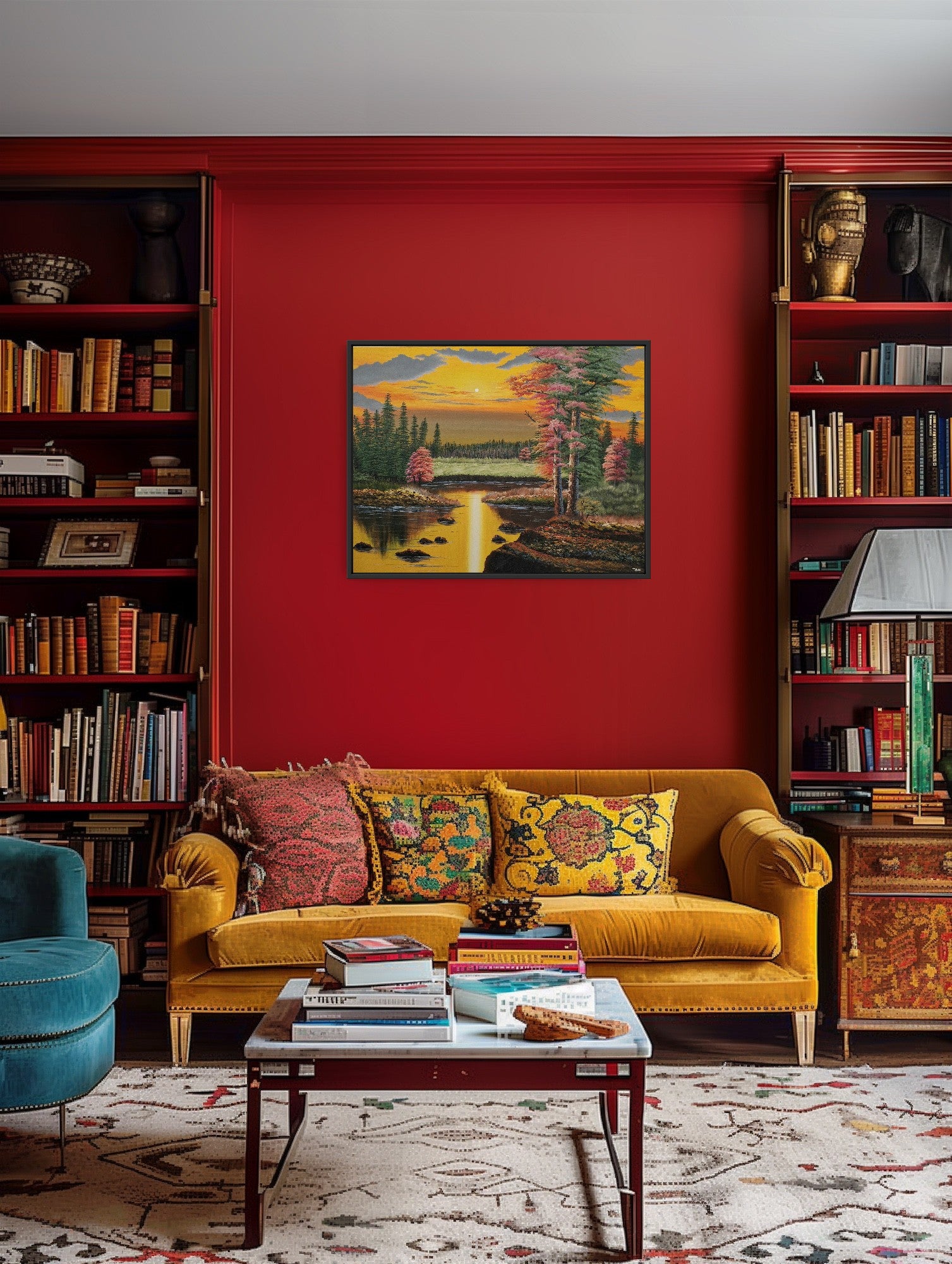 Original artwork by Tobias Nolte titled “Warm Autumn Forest”. A hand-painted acrylic painting (90x70 cm) featuring a colorful yellow sunset with red and green trees around a forest lake, displayed in a colorful, indian room.