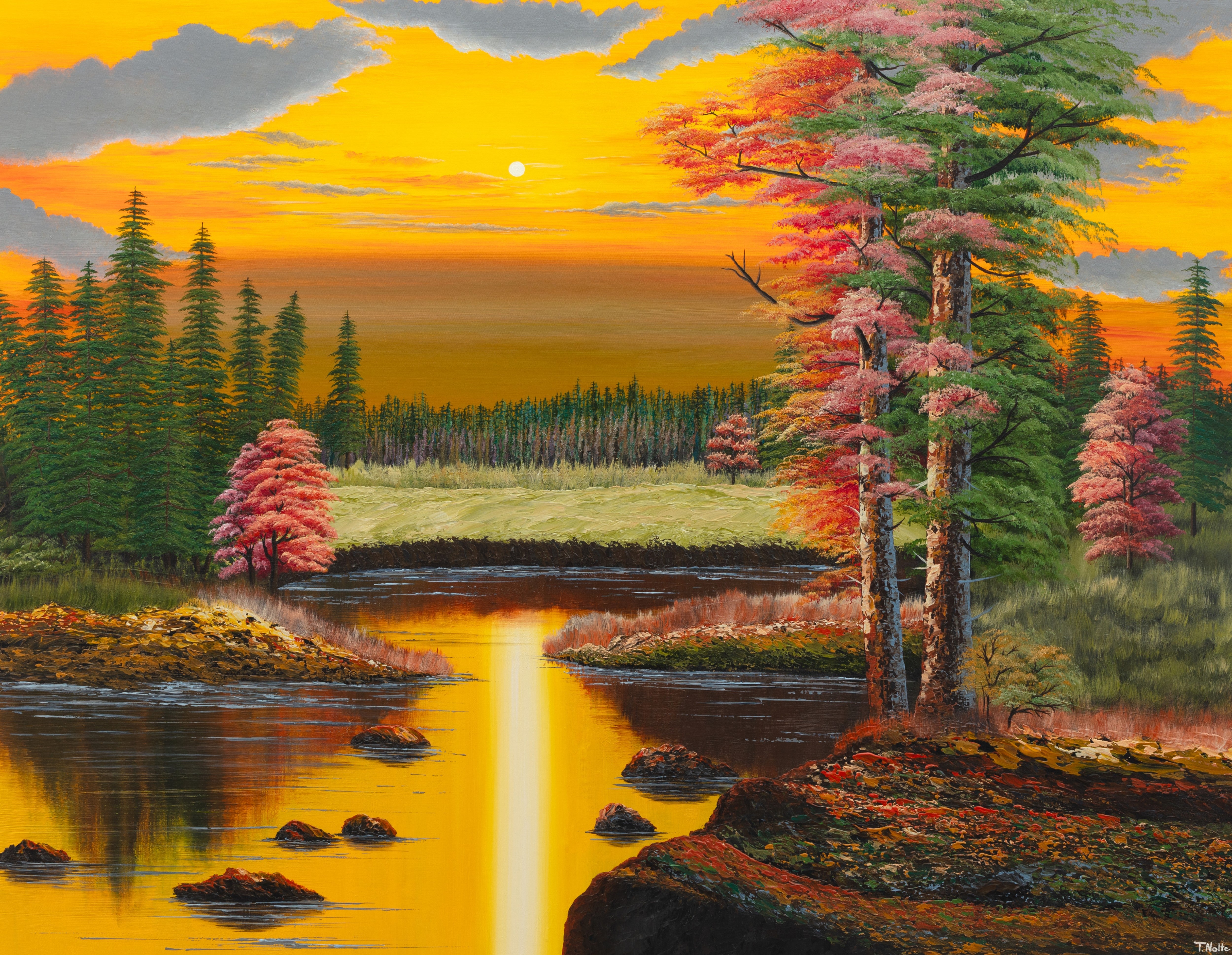 Original artwork by Tobias Nolte titled “Warm Autumn Forest”. A hand-painted acrylic painting (90x70 cm) featuring a colorful yellow sunset with red and green trees around a forest lake , perfect for forest art lovers.