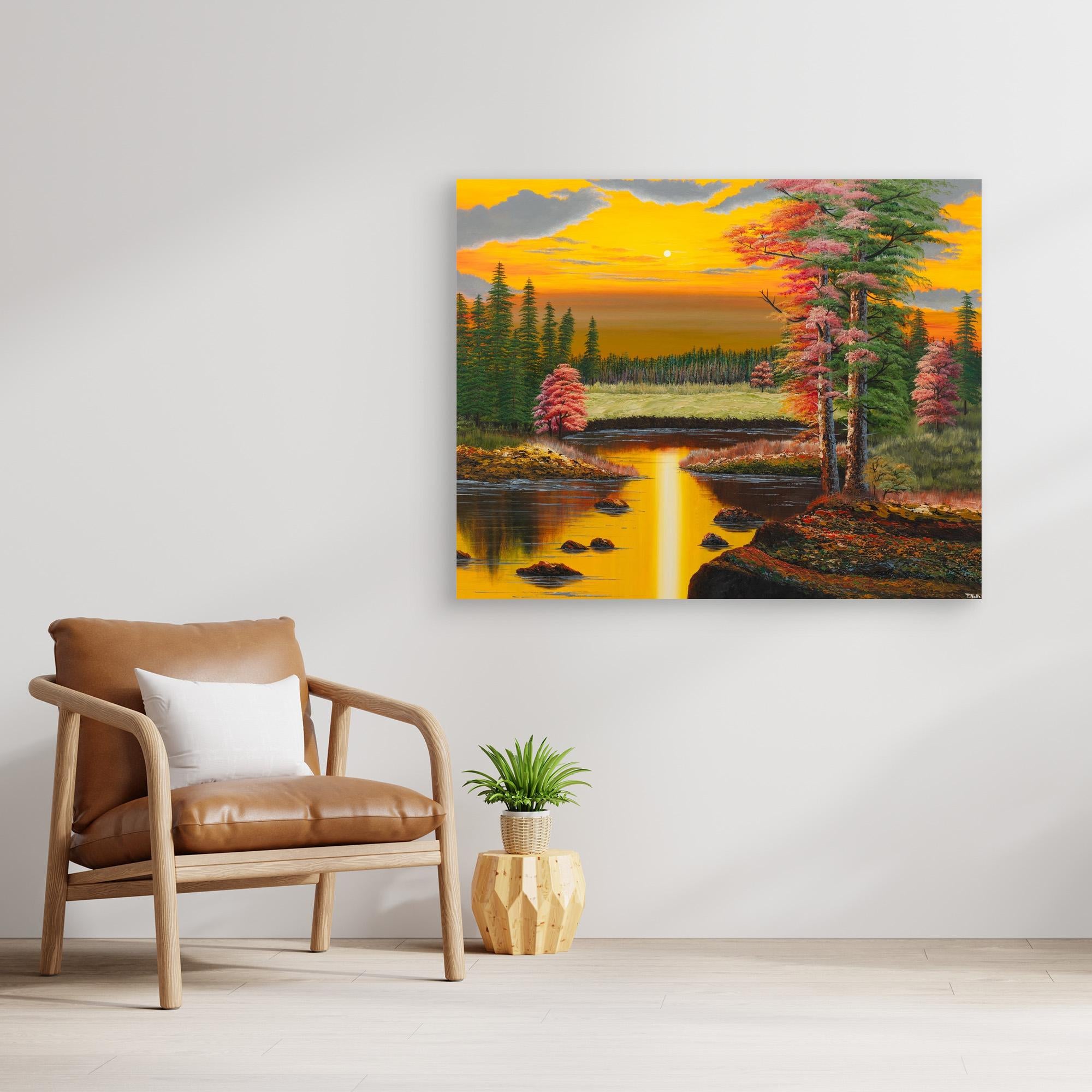 Premium canvas art print showing a warm autumn forest landscape in the yellowish light of a sunset, a big lake and lots of green and red trees, printed on high-quality canvas with vibrant colors, hanging on the wall in a modern living room.